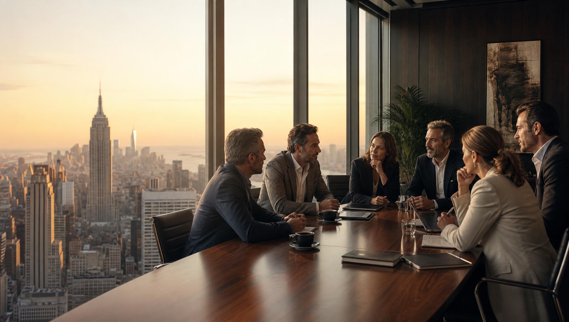 Senior dating industry operators in a working session in a Manhattan boardroom overlooking the New York skyline at golden hour